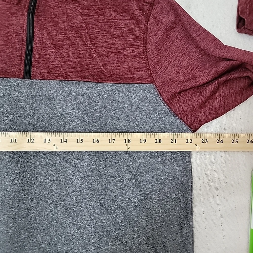 Real Essentials Mens Active DryFit Long Sleeve Pullover-1/4 Zip Gray/Maroon Sz L
